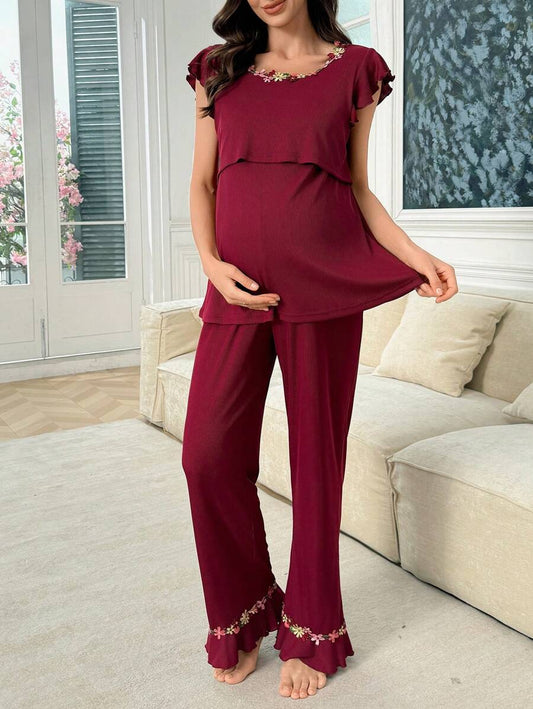 Maternity Christmas Pajama Set - Floral Embroidery Square Neck Cap Sleeve, Festive Loungewear