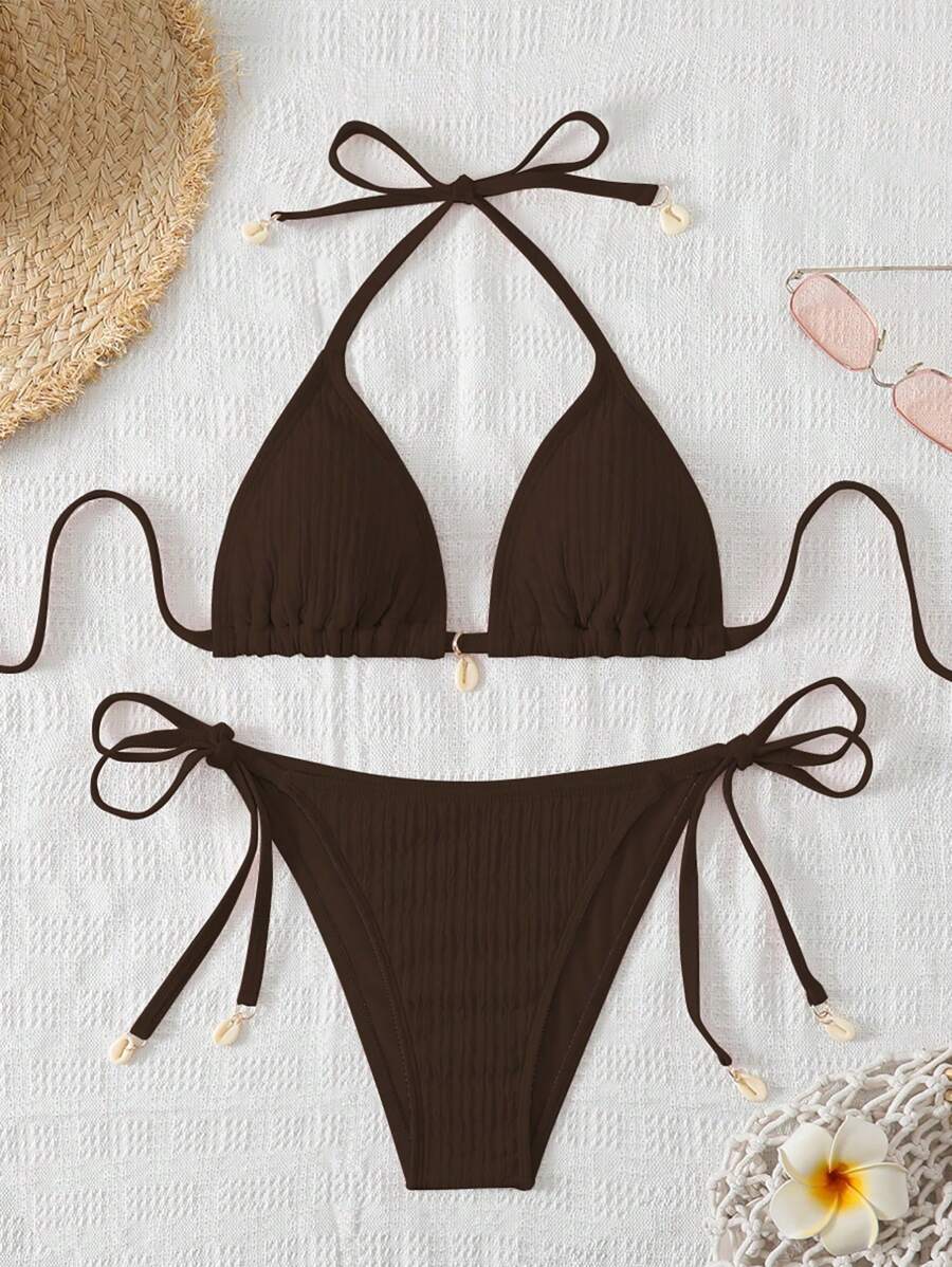 Women's Textured Halter Tie Bikini Set - Knot, Tie Side, High Waist, Blue