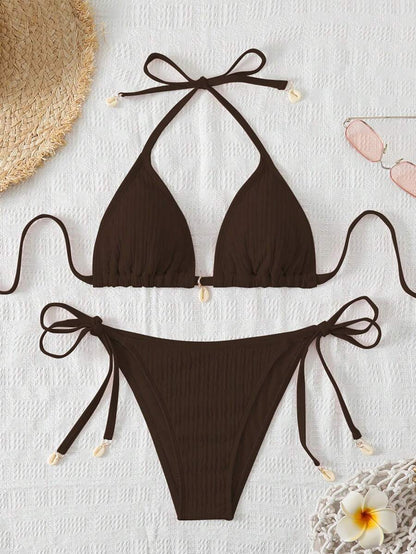 Women's Textured Halter Tie Bikini Set - Knot, Tie Side, High Waist, Blue