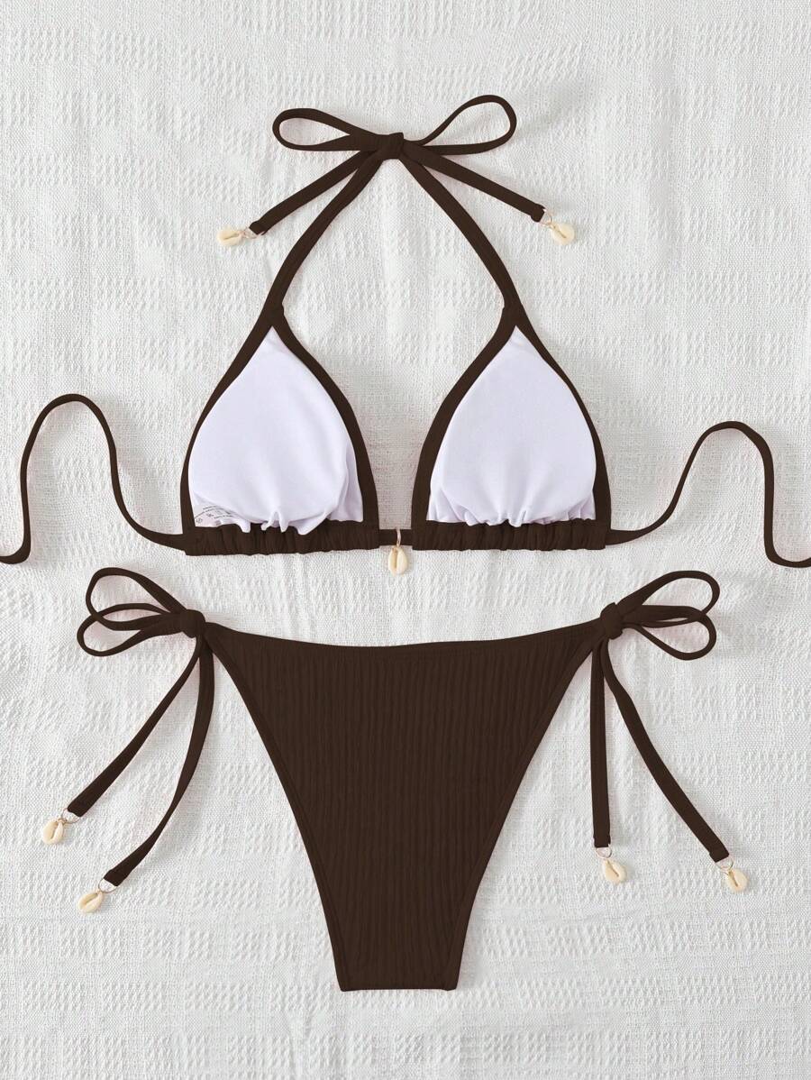 Women's Textured Halter Tie Bikini Set - Knot, Tie Side, High Waist, Blue