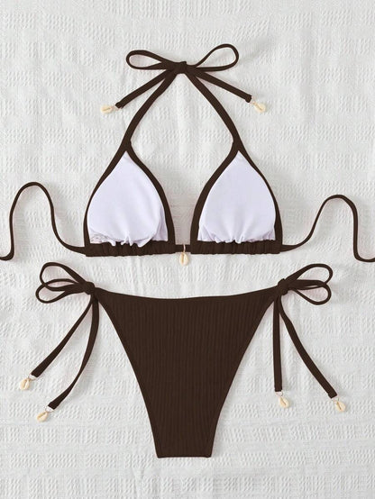 Women's Textured Halter Tie Bikini Set - Knot, Tie Side, High Waist, Blue