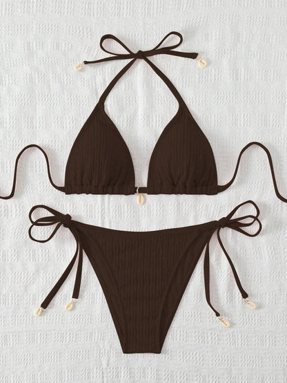 Women's Textured Halter Tie Bikini Set - Knot, Tie Side, High Waist, Blue