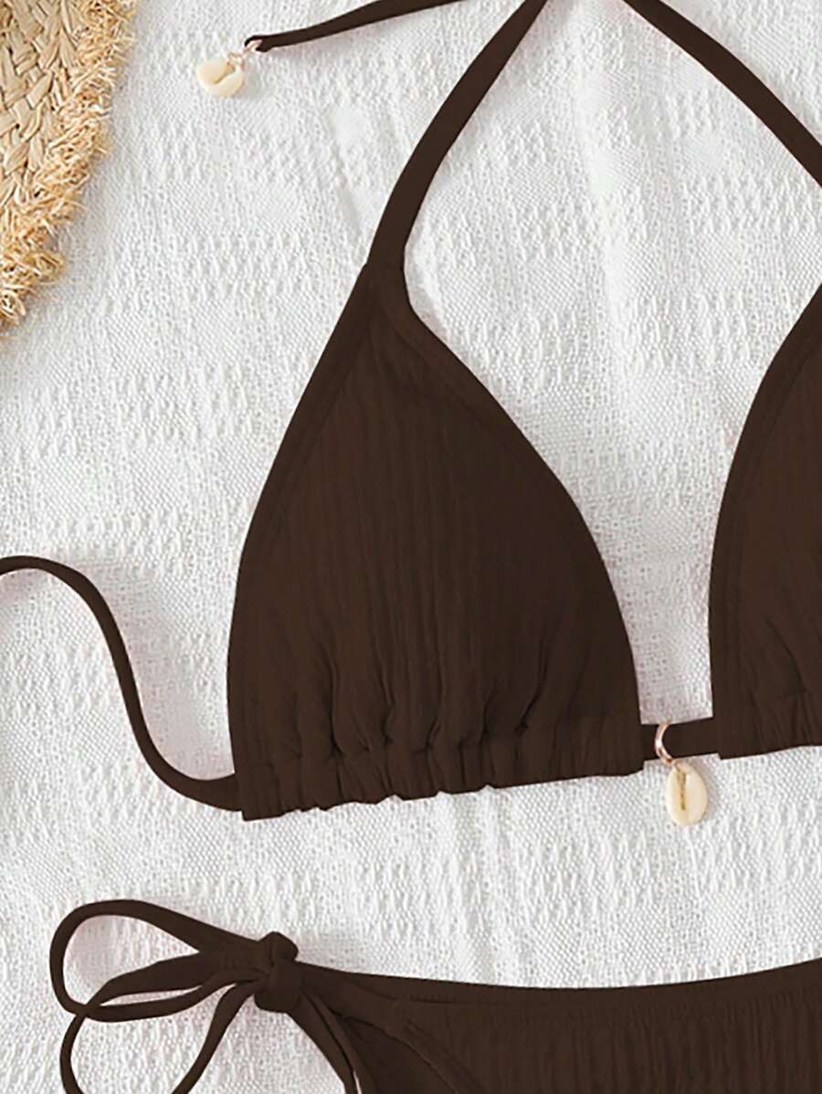 Women's Textured Halter Tie Bikini Set - Knot, Tie Side, High Waist, Blue