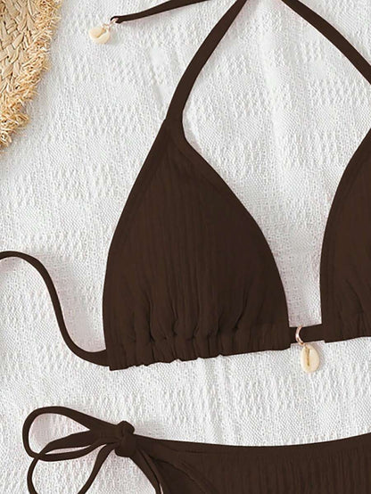 Women's Textured Halter Tie Bikini Set - Knot, Tie Side, High Waist, Blue