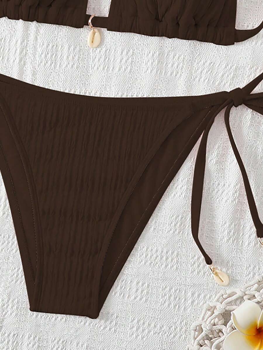 Women's Textured Halter Tie Bikini Set - Knot, Tie Side, High Waist, Blue