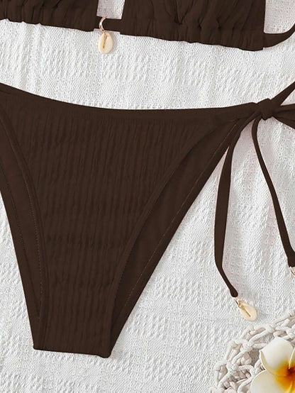 Women's Textured Halter Tie Bikini Set - Knot, Tie Side, High Waist, Blue