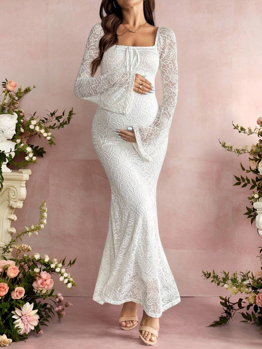 White Lace Flare Sleeve Fitted Mermaid Hem Maternity Dress