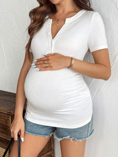 Maternity Slim Fit Short Sleeve White Cotton T-Shirt with Notched Neckline and Button Detail Casual Summer Streetwear Top