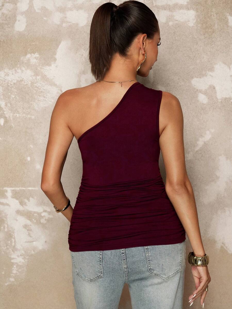 Maternity Asymmetrical Neck Ruched Camisole Backless Slim Fit Knit Summer Top in Black for Casual Beach Outfits