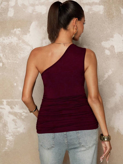 Maternity Asymmetrical Neck Ruched Camisole Backless Slim Fit Knit Summer Top in Black for Casual Beach Outfits