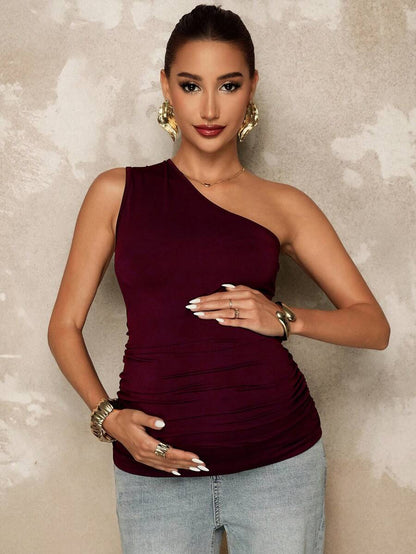 Maternity Asymmetrical Neck Ruched Camisole Backless Slim Fit Knit Summer Top in Black for Casual Beach Outfits