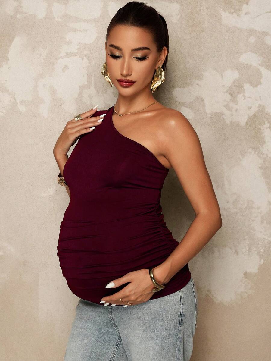 Maternity Asymmetrical Neck Ruched Camisole Backless Slim Fit Knit Summer Top in Black for Casual Beach Outfits