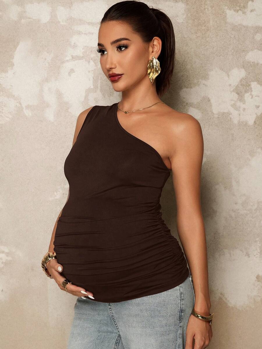 Maternity Asymmetrical Neck Ruched Camisole Backless Slim Fit Knit Summer Top in Black for Casual Beach Outfits