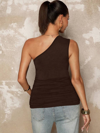 Maternity Asymmetrical Neck Ruched Camisole Backless Slim Fit Knit Summer Top in Black for Casual Beach Outfits