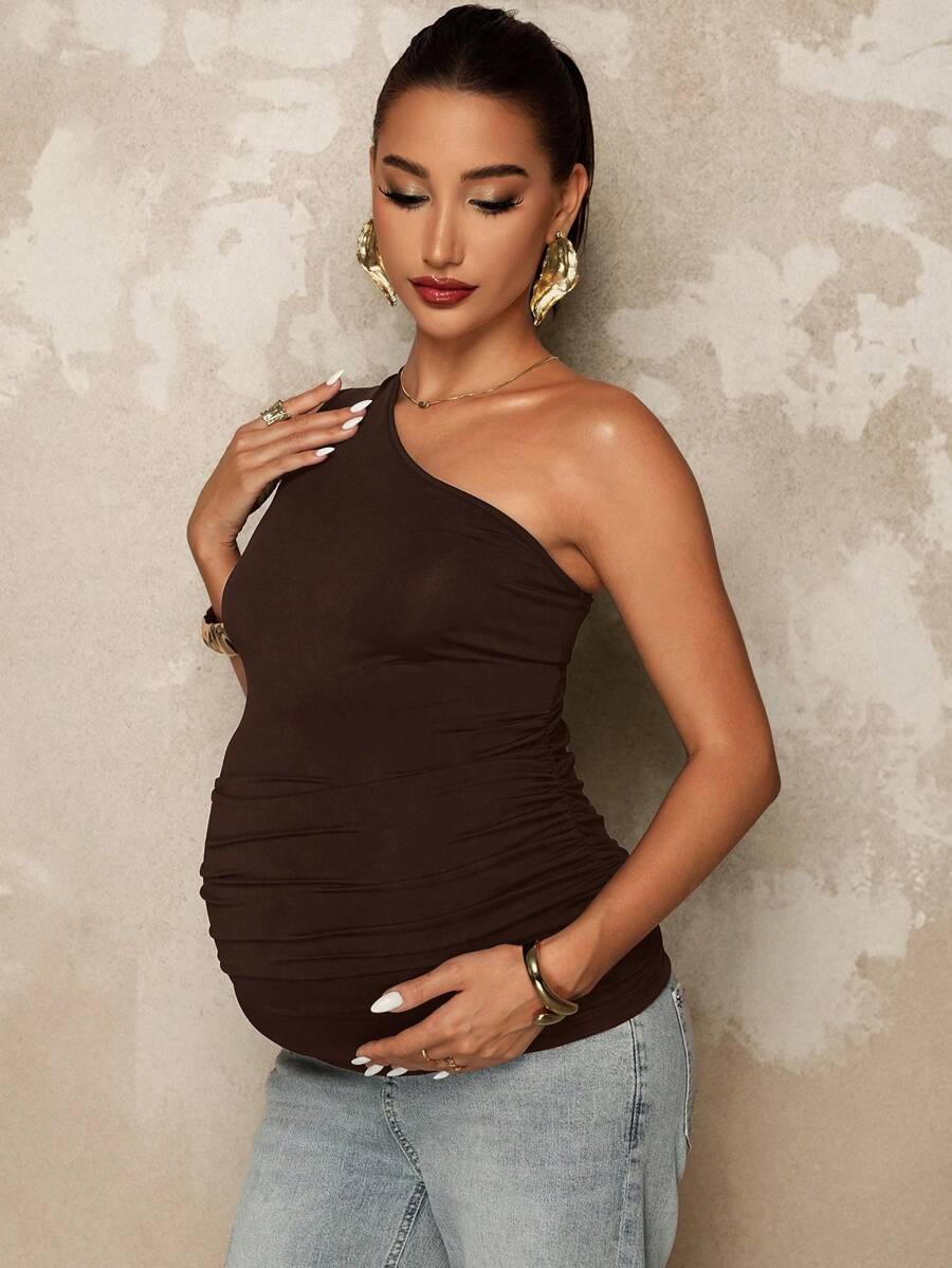 Maternity Asymmetrical Neck Ruched Camisole Backless Slim Fit Knit Summer Top in Black for Casual Beach Outfits