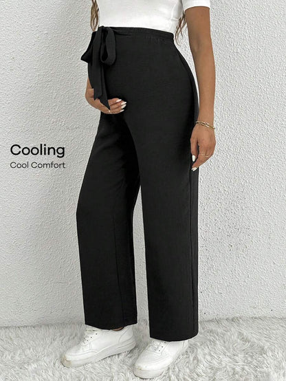 Maternity Straight Leg Pants - Belted Waist, Cooling Fabric, Ultra High Waist, Black