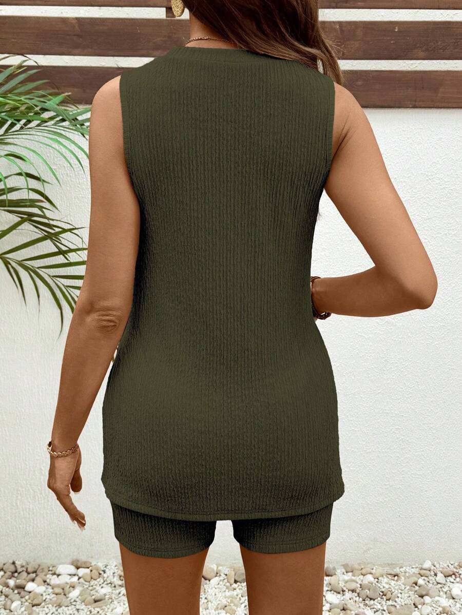 Yellow Jacquard Knit Maternity Lounge Set with Longline Round Neck Tank Top and Slim Fit Biker Shorts – Comfortable 2-Piece Summer Set