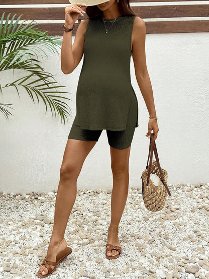Yellow Jacquard Knit Maternity Lounge Set with Longline Round Neck Tank Top and Slim Fit Biker Shorts – Comfortable 2-Piece Summer Set
