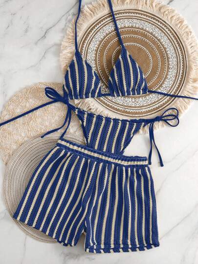 Women's 3-Piece Boho Crochet Bikini Set - Drawstring Cover-Up, Halter, Shorts, Royal Blue