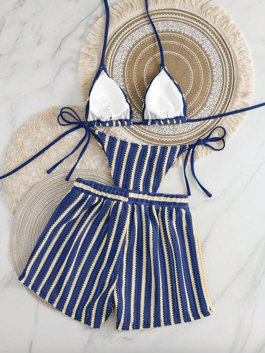 Women's 3-Piece Boho Crochet Bikini Set - Drawstring Cover-Up, Halter, Shorts, Royal Blue