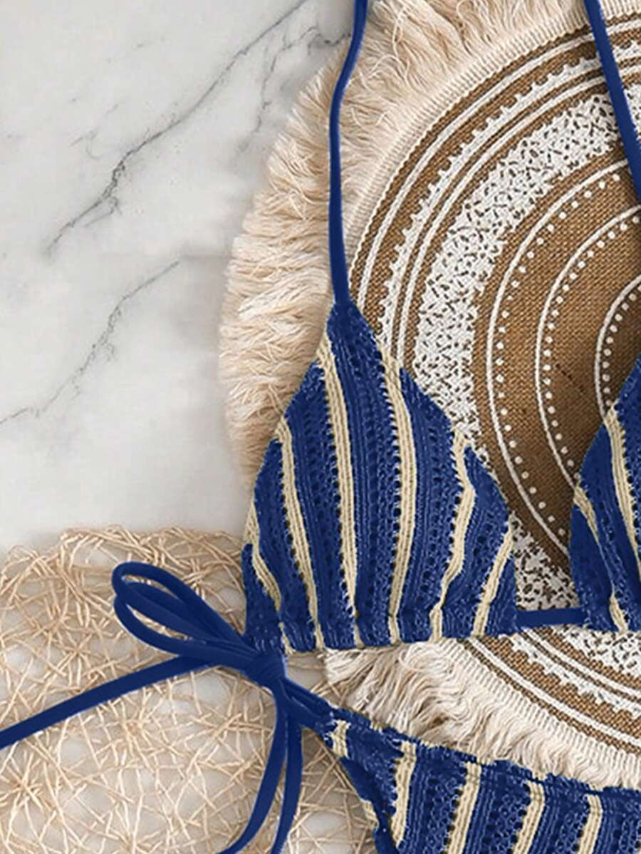 Women's 3-Piece Boho Crochet Bikini Set - Drawstring Cover-Up, Halter, Shorts, Royal Blue