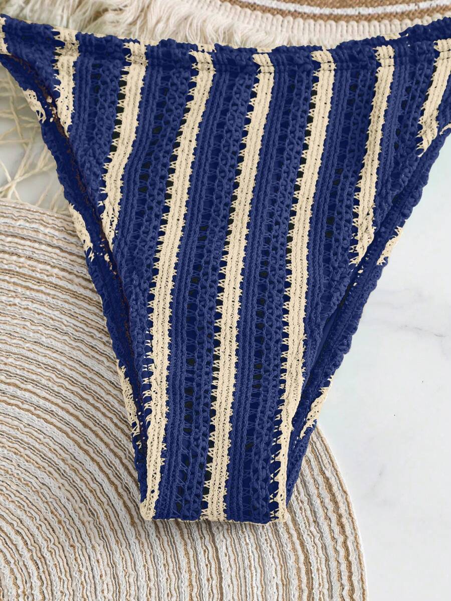 Women's 3-Piece Boho Crochet Bikini Set - Drawstring Cover-Up, Halter, Shorts, Royal Blue