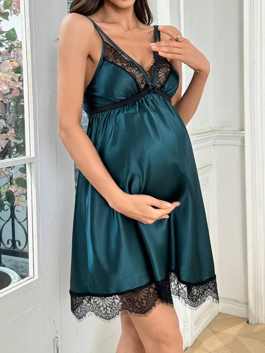 Sexy Maternity Nightgown Contrast Color Lace Trim Women Pregnancy Sleepwear