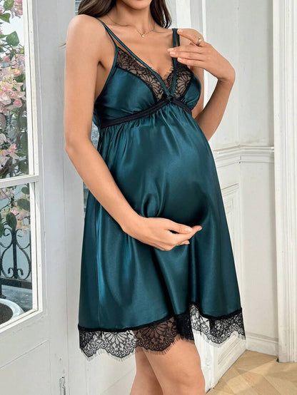 Sexy Maternity Nightgown Contrast Color Lace Trim Women Pregnancy Sleepwear