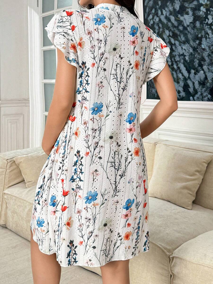 Maternity Nightdress - Floral Print Ruffled Short Sleeve Loose Fit Wrinkle-Resistant, Summer