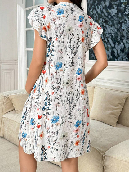 Maternity Nightdress - Floral Print Ruffled Short Sleeve Loose Fit Wrinkle-Resistant, Summer