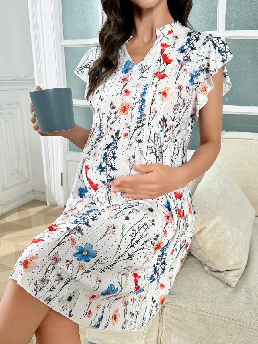 Maternity Nightdress - Floral Print Ruffled Short Sleeve Loose Fit Wrinkle-Resistant, Summer