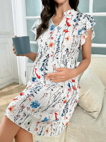 Maternity Nightdress - Floral Print Ruffled Short Sleeve Loose Fit Wrinkle-Resistant, Summer
