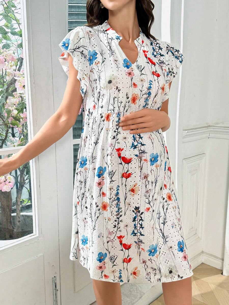 Maternity Nightdress - Floral Print Ruffled Short Sleeve Loose Fit Wrinkle-Resistant, Summer
