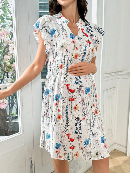 Maternity Nightdress - Floral Print Ruffled Short Sleeve Loose Fit Wrinkle-Resistant, Summer