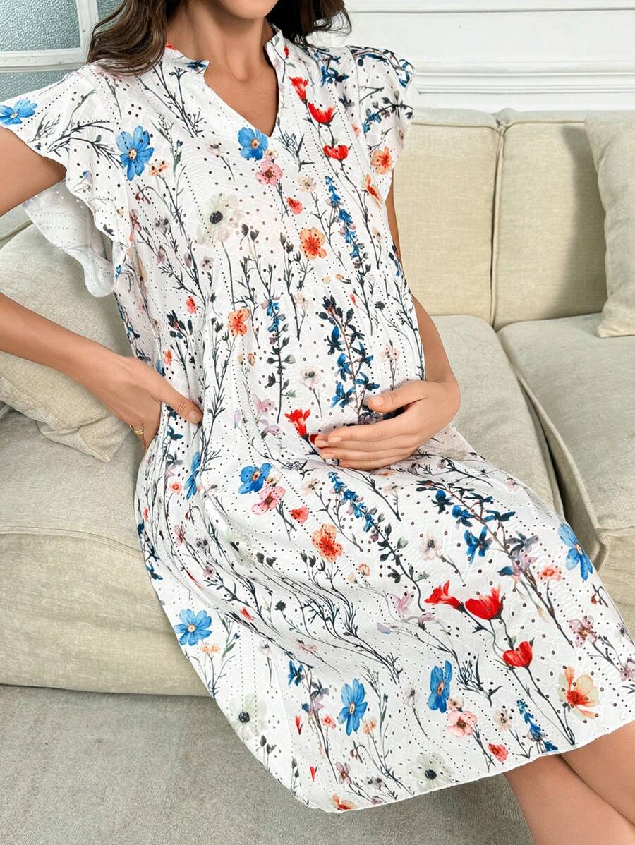 Maternity Nightdress - Floral Print Ruffled Short Sleeve Loose Fit Wrinkle-Resistant, Summer