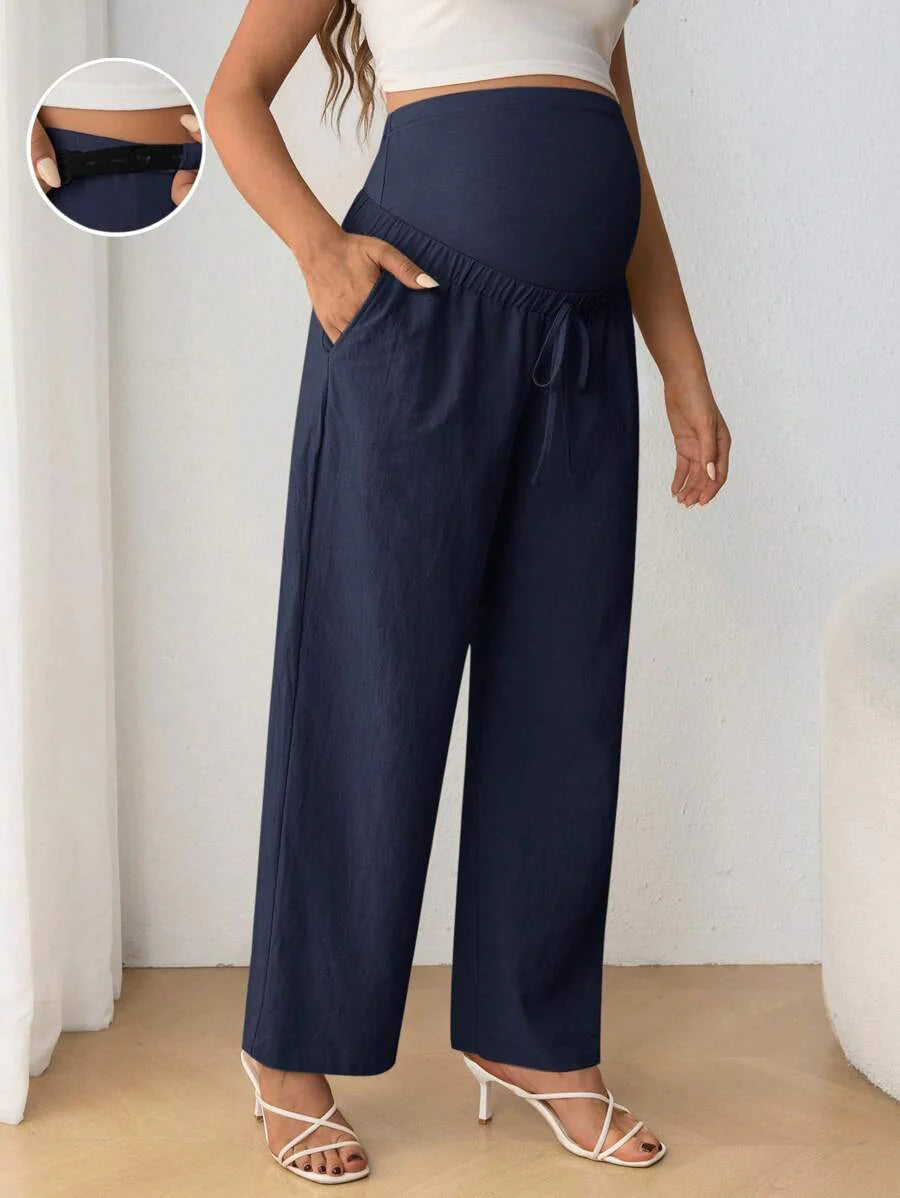 Maternity Belly Support Straight Leg Pants - Drawstring, Ultra High Waist, Apricot