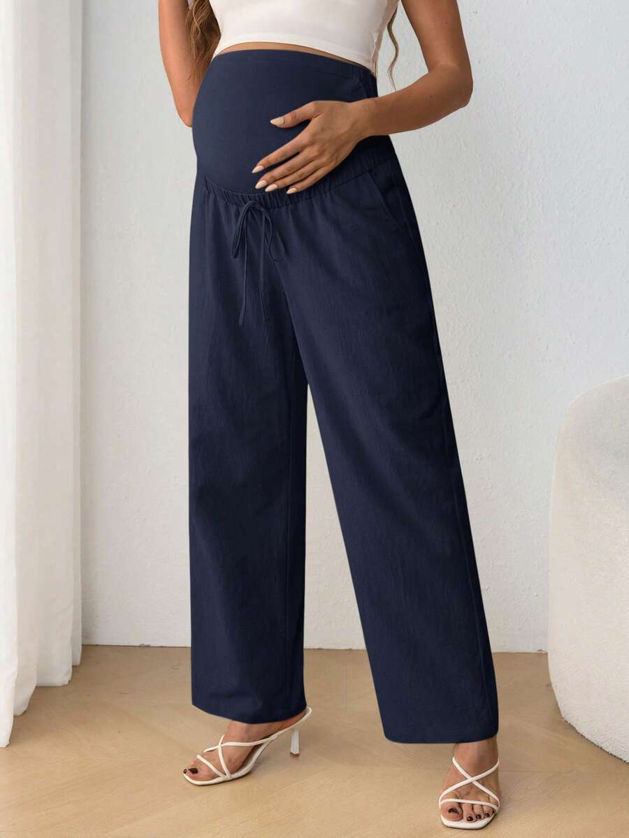 Maternity Belly Support Pants - Drawstring Bowknot, Straight Leg, Ultra High Waist, Black