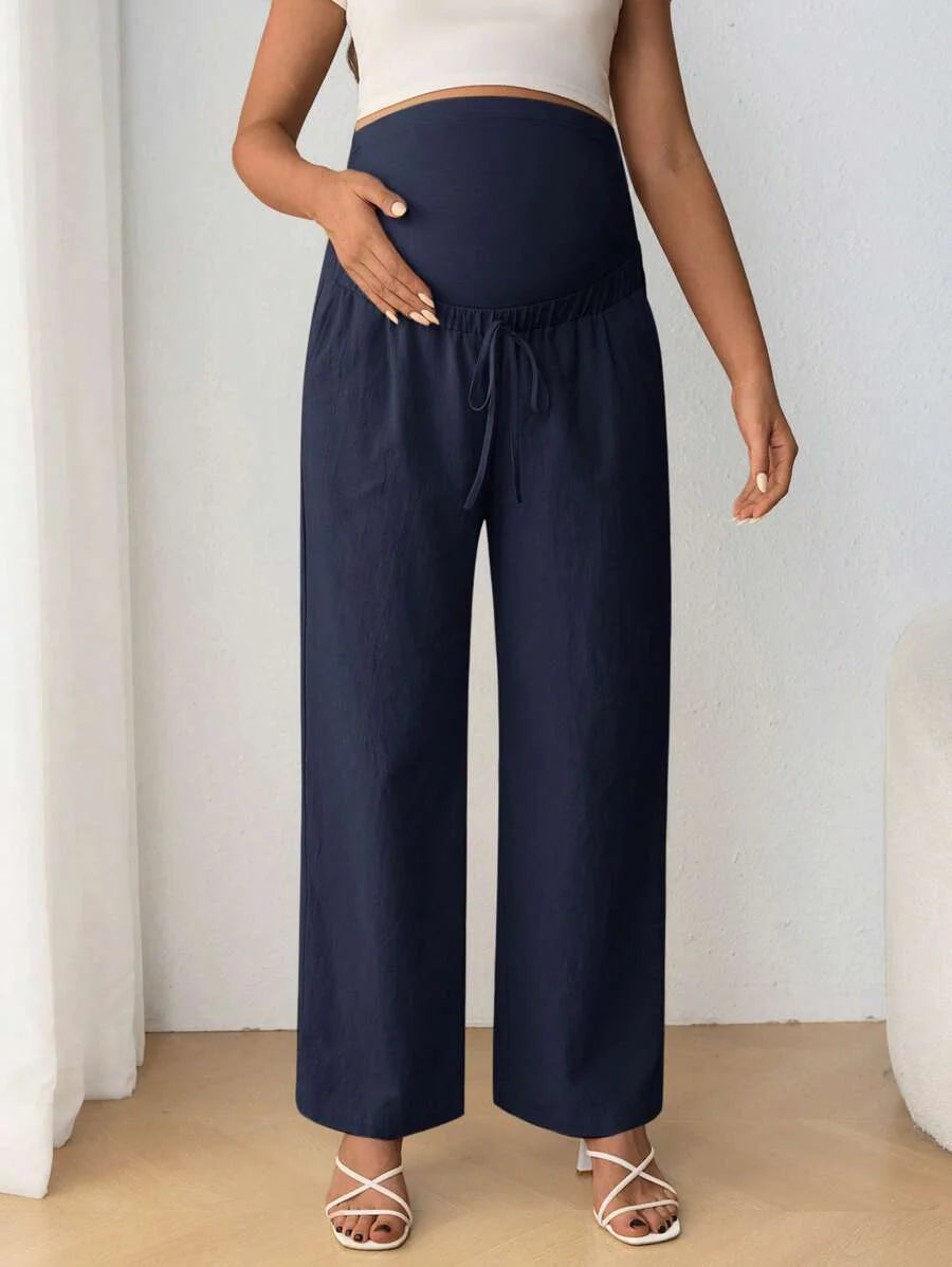 Maternity Belly Support Pants - Drawstring Bowknot, Straight Leg, Ultra High Waist, Black