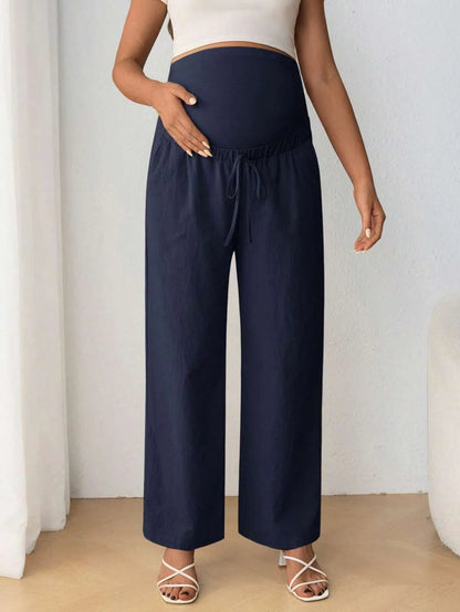 Maternity Belly Support Pants - Drawstring Bowknot, Straight Leg, Ultra High Waist, Black