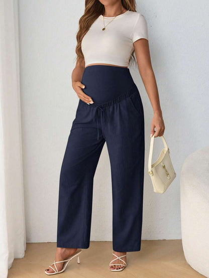 Maternity Belly Support Straight Leg Pants - Drawstring, Ultra High Waist, Apricot