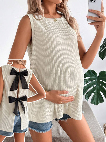 Maternity Black Open Back Camisole with Bow Detail Summer Sleeveless Maternity Tank Top for Beach and Casual Everyday Wear