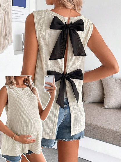 Maternity Black Open Back Camisole with Bow Detail Summer Sleeveless Maternity Tank Top for Beach and Casual Everyday Wear