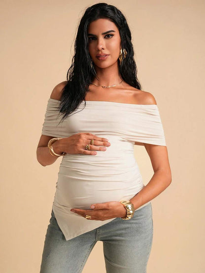 Maternity Brown Off-Shoulder Ruched Maternity T-Shirt Asymmetrical Slim Fit Knit Short Sleeve Top for Office & Casual Wear