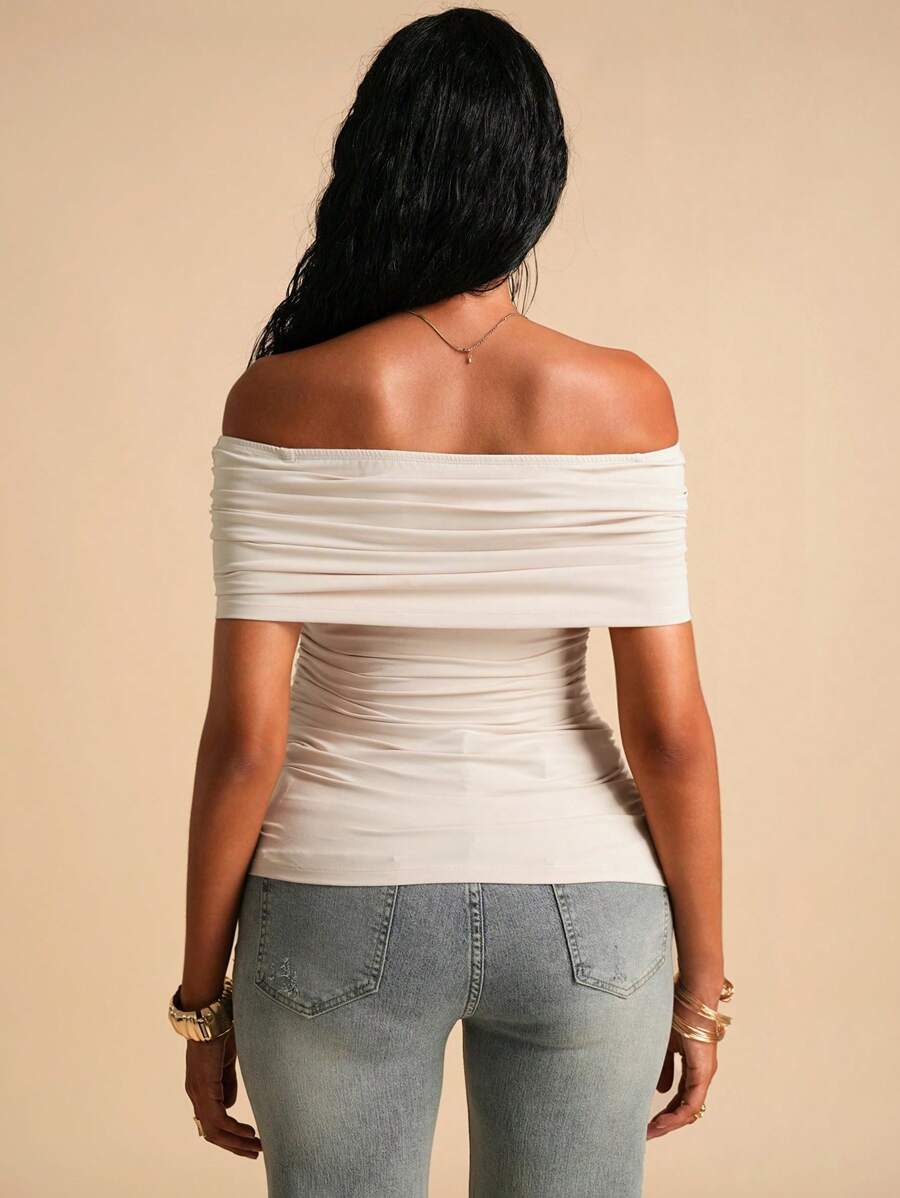 Maternity Brown Off-Shoulder Ruched Maternity T-Shirt Asymmetrical Slim Fit Knit Short Sleeve Top for Office & Casual Wear
