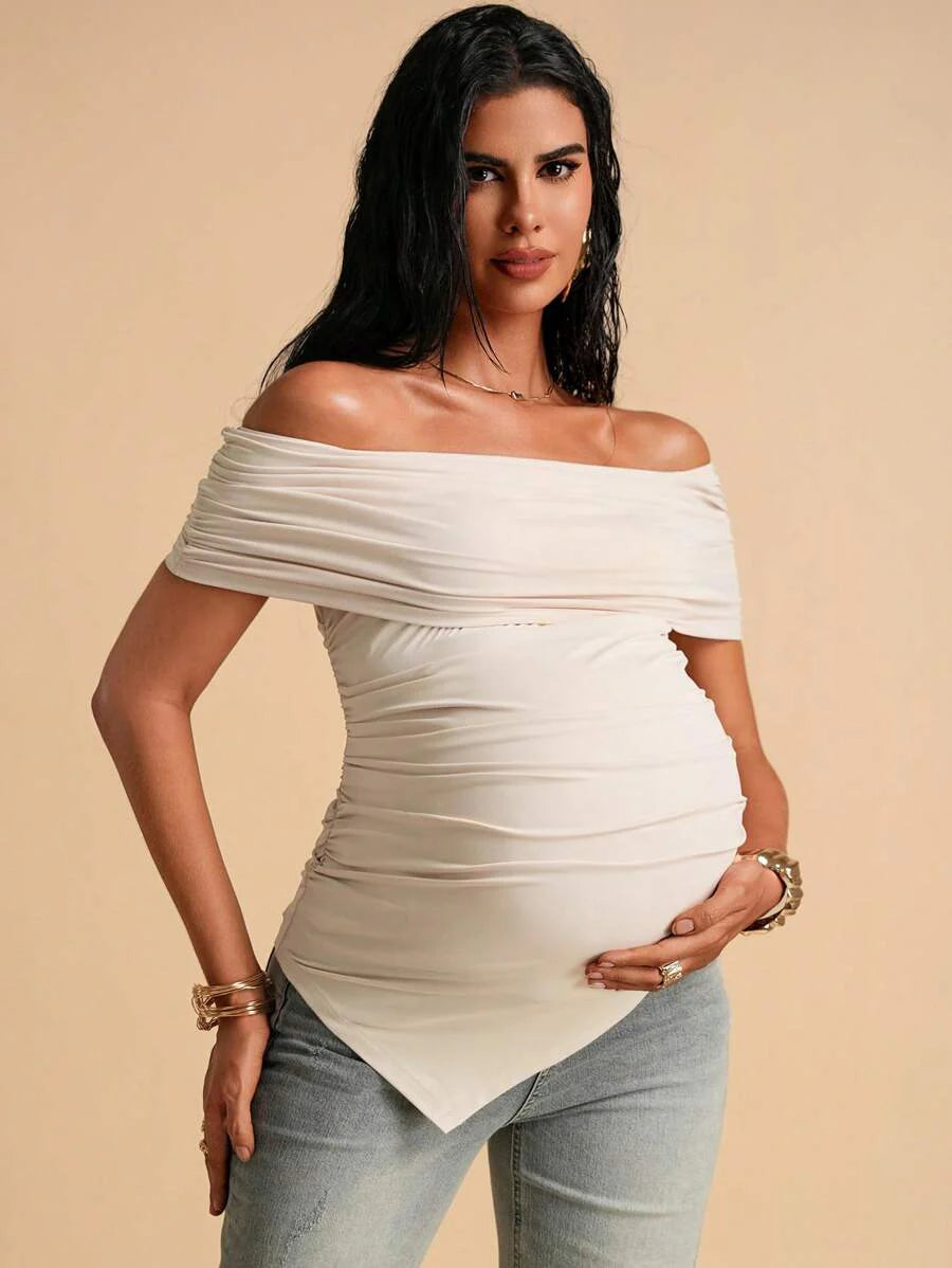 Maternity Off Shoulder Ruched Asymmetric T-Shirt - Apricot Slim Fit Short Sleeve Knitted Top for Office & Daily Wear