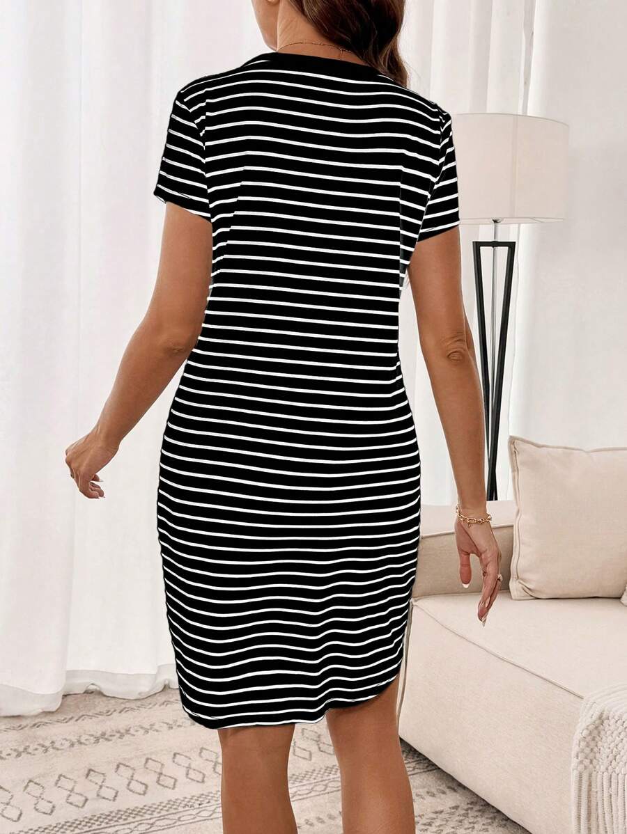 Maternity Heart Embroidery Striped Round Neck Short Sleeve Casual T-Shirt Dress