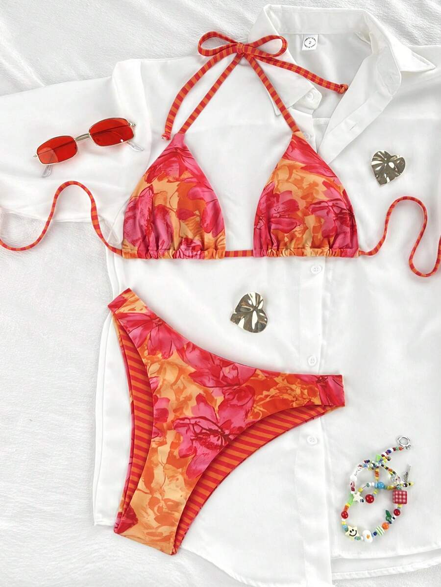 Swim Vcay Women's Tropical Floral Halter Neck Backless Sexy Bikini Set For Beach Vacation For Summer Rave Lollapalooza