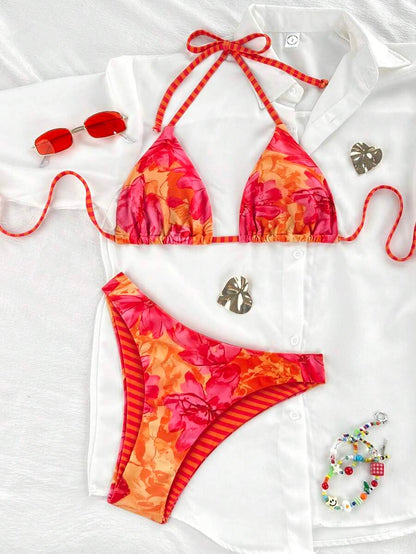Swim Vcay Women's Tropical Floral Halter Neck Backless Sexy Bikini Set For Beach Vacation For Summer Rave Lollapalooza