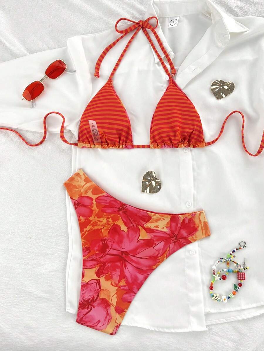 Swim Vcay Women's Tropical Floral Halter Neck Backless Sexy Bikini Set For Beach Vacation For Summer Rave Lollapalooza