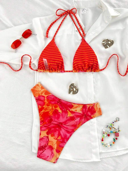 Swim Vcay Women's Tropical Floral Halter Neck Backless Sexy Bikini Set For Beach Vacation For Summer Rave Lollapalooza